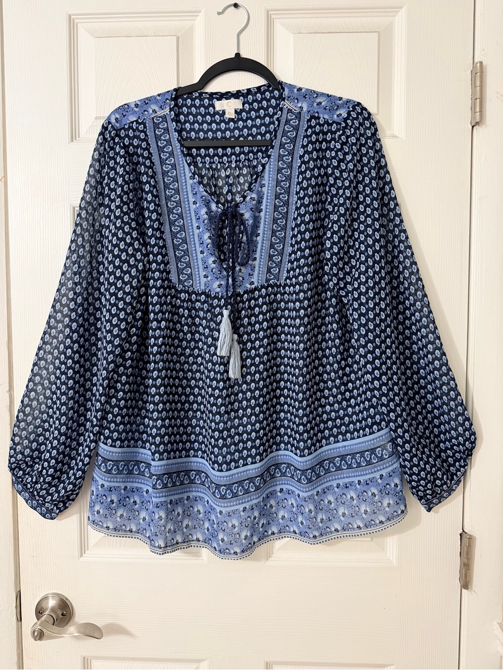 C Blue Floral Print Boho Tunic with Tassel Tie